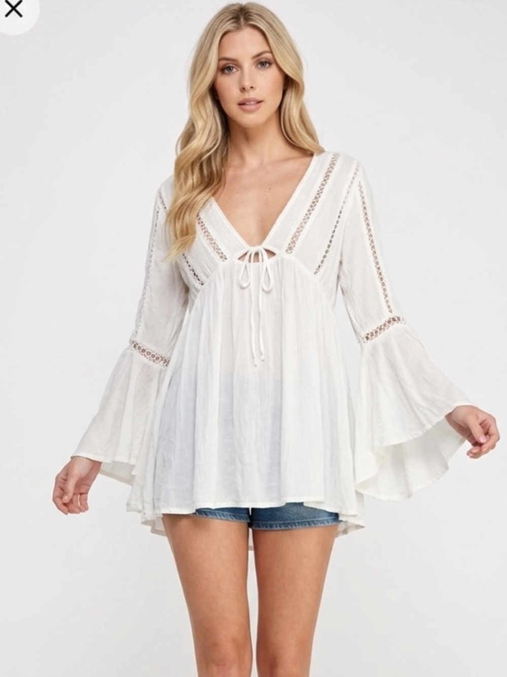 Raviya White Lace-Trim Boho Tie-Front Tunic size small